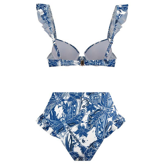 Damen Bikini-Set mit rüschenverziertem Oberteil und hoch taillierter Hose EB