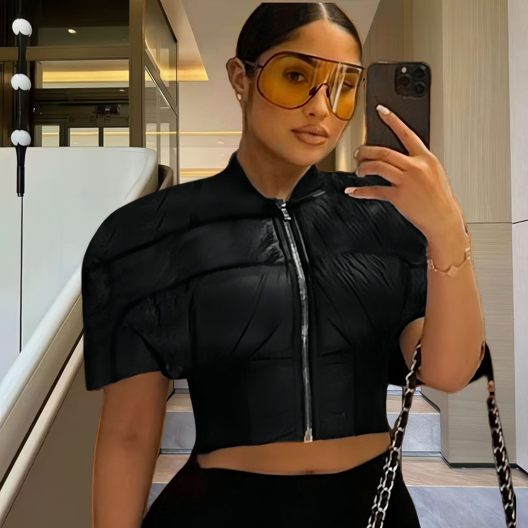 Damen modische cropped Jacke mit voluminösen Puffärmeln EB