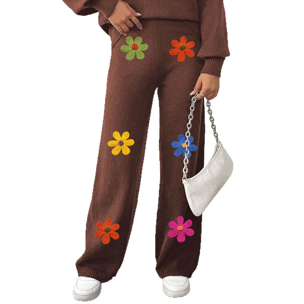 Damen lässige Strickhose mit bunten Blumenapplikationen EB