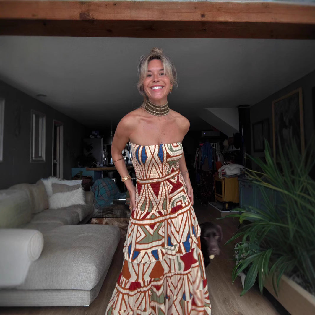 Damen Maxikleid mit raffiniertem Rüschen-Design und elastischem Tailleneinsatz EB