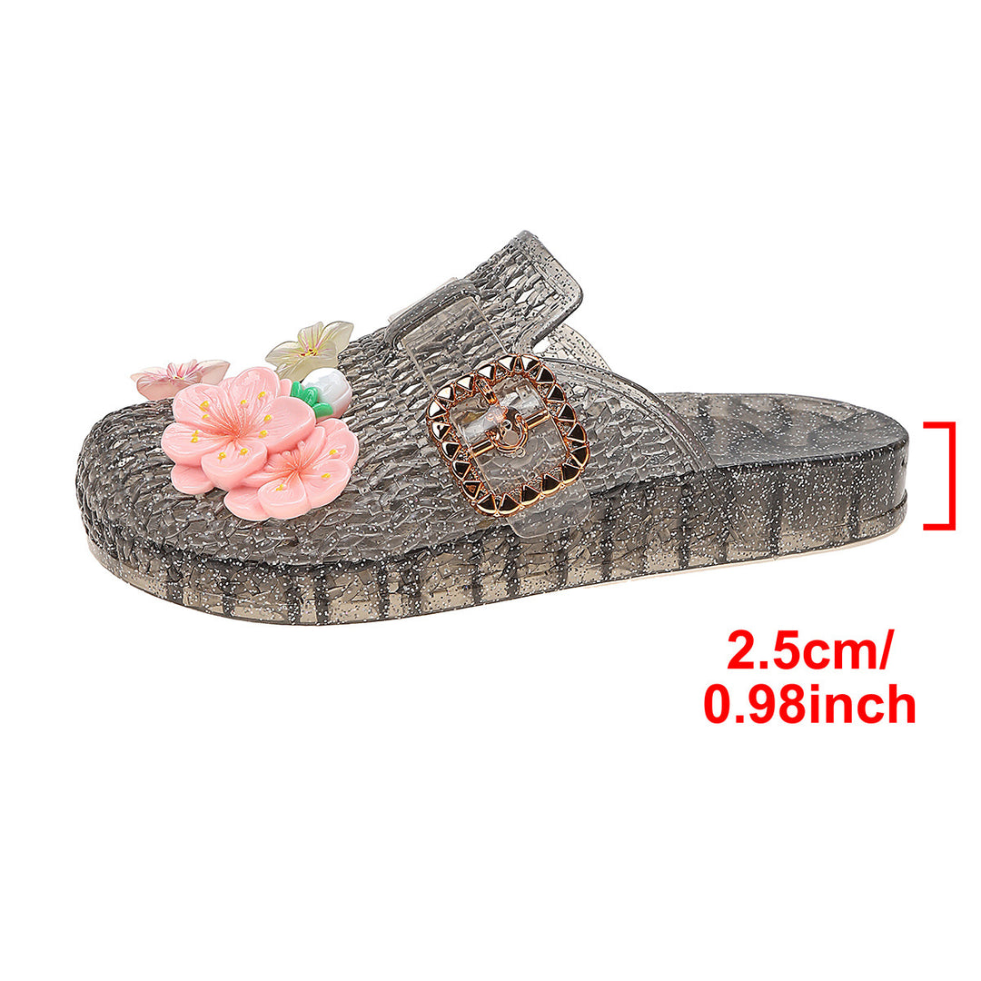 Damen Sommerliche Pantoletten mit geschmackvollen Blumenapplikationen und modischem Schnallenverschluss EB