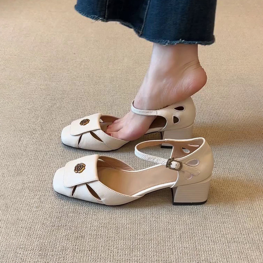 Damen Elegante Riemchen-Pumps mit floralem Dekor und komfortablem Blockabsatz EB