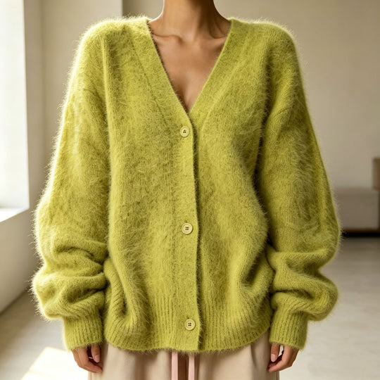 Damen Flauschiger Oversize-Knopfcardigan mit tiefem V-Ausschnitt und Eingrifftaschen EB