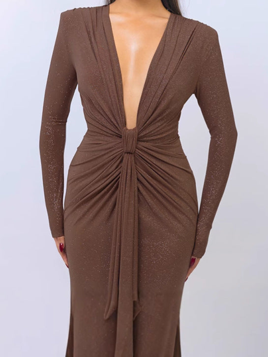 Damen Elegantes Wickelkleid mit tiefem V-Ausschnitt und figurbetontem Design EB