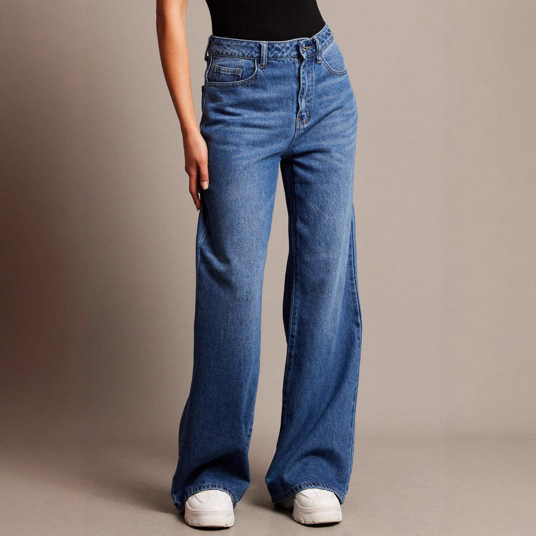 Damen Weit geschnittene High-Waist Jeans mit eleganten Falten EB