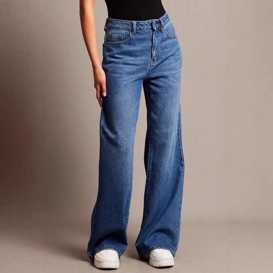 Damen Weit geschnittene High-Waist Jeans mit eleganten Falten EB
