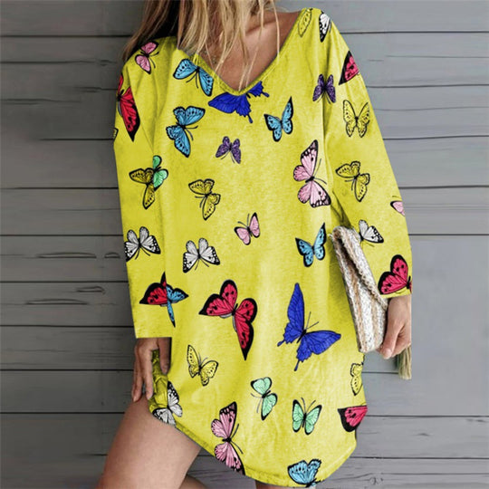 Damen Oversize Tunika-Kleid mit V-Ausschnitt und Schmetterlingsprint EB