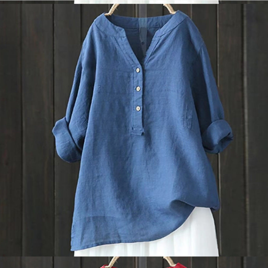 Damen Leinenbluse mit halbem Knopfverschluss und lässigem Schnitt EB