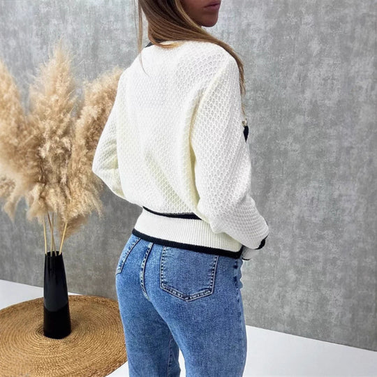 Damen Elegante Strickjacke mit Perlenknöpfen und Kontrastdetails EB