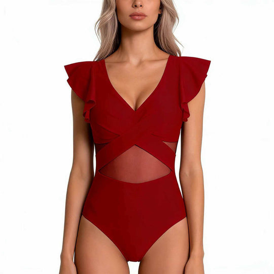 Damen Eleganter Badeanzug mit raffinierten Rüschendetails und transparenter Einsätzen EB
