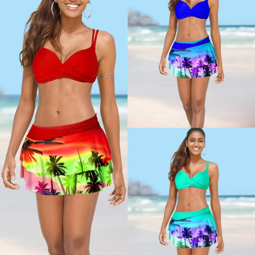 Damen Bikini mit Wickelrock und tropischem Design EB