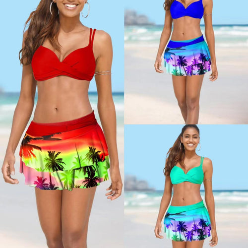Damen Bikini mit Wickelrock und tropischem Design EB
