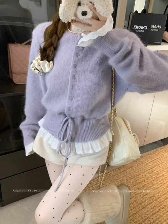 Damen kuscheliger Strickjacke mit fransigen Details und Bändchen EB
