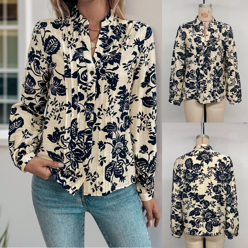 Damen Bluse mit floralen Motiven und eleganter Raffung EB