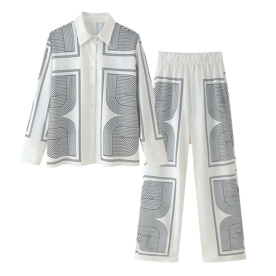 Damen Set aus lässigem Hemd und weiten Hosen im geometrischen Design EB