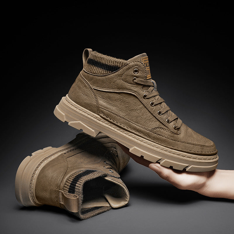 Herren lederoptik High-Top City-Boot Sneaker mit gestricktem Schaftkragen und stoßdämpfender Profilsohle EB