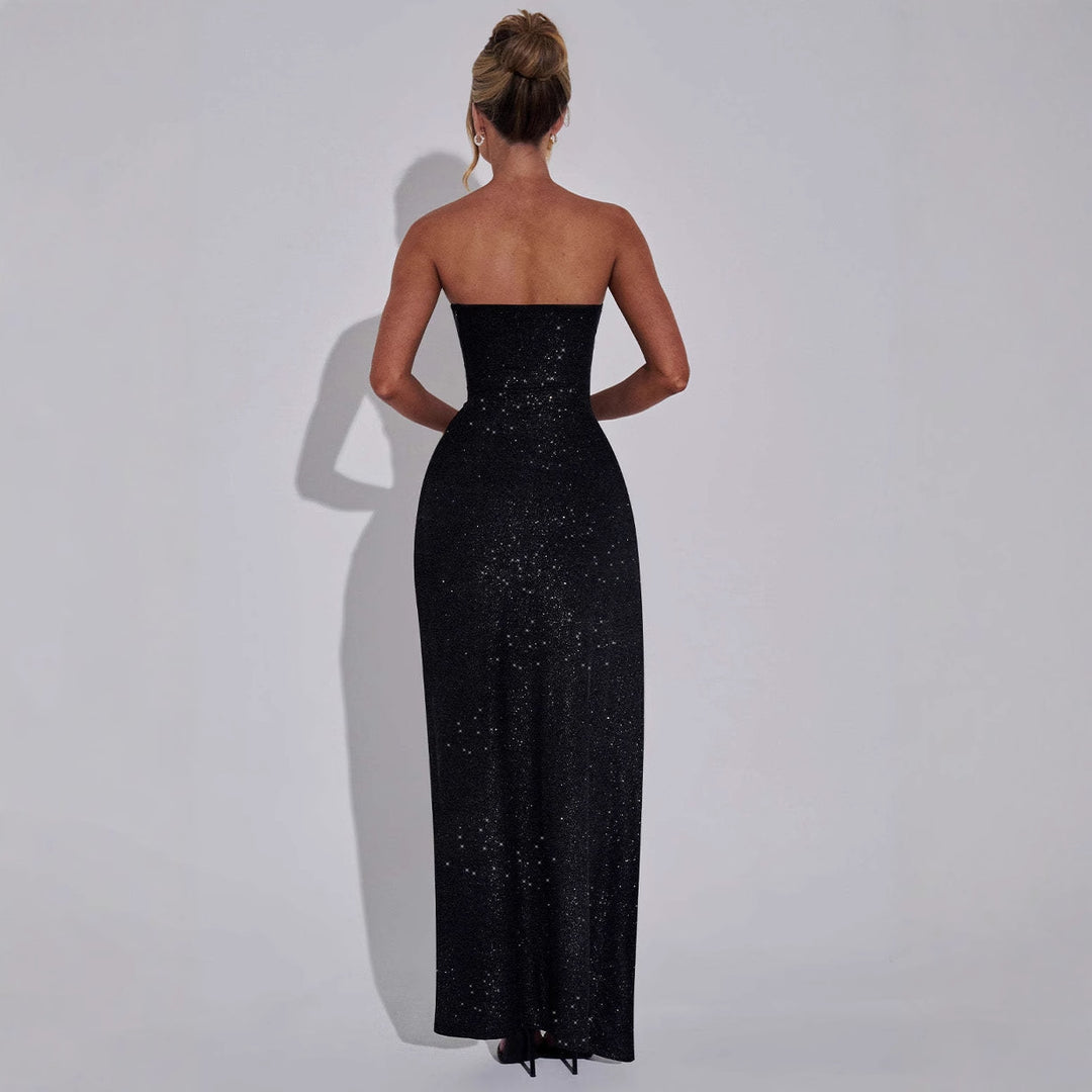 Damen Abendkleid im schulterfreien Stil mit hohem Schlitz und funkelndem Glitzereffekt EB