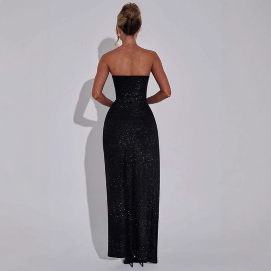 Damen Abendkleid im schulterfreien Stil mit hohem Schlitz und funkelndem Glitzereffekt EB
