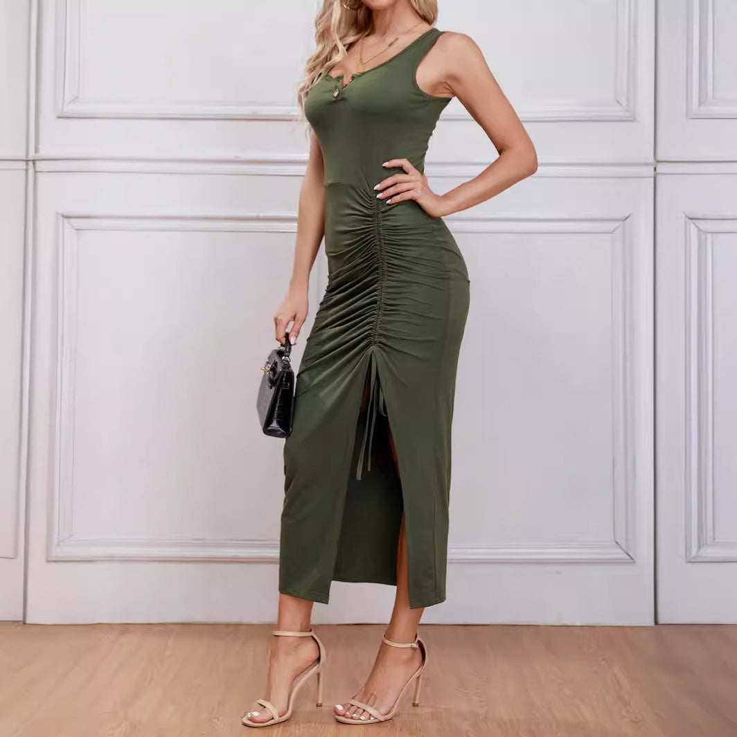 Damen ärmelloses Kleid mit dekorativen Knopf-Details und Raffungen EB