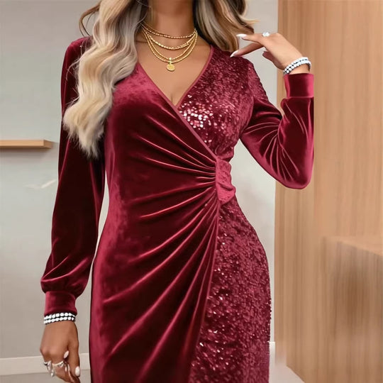 Damen Glamouröses Wickelkleid mit Pailletten und schimmernden Details EB