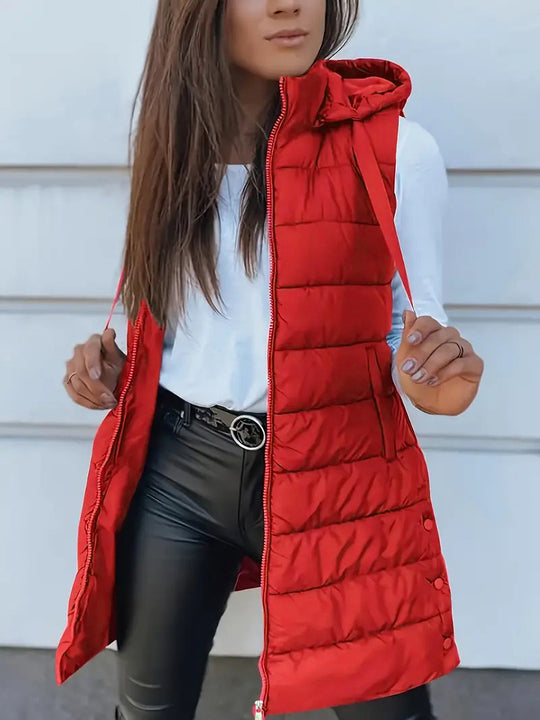 Damen nan lange gesteppte Kapuzenweste mit Zweiwege-Reißverschluss und seitlichen Eingrifftaschen EB