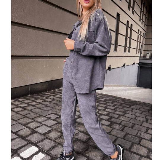 Damen bequeme Lounge-Set mit Knopfleiste und elastischen Bündchen EB
