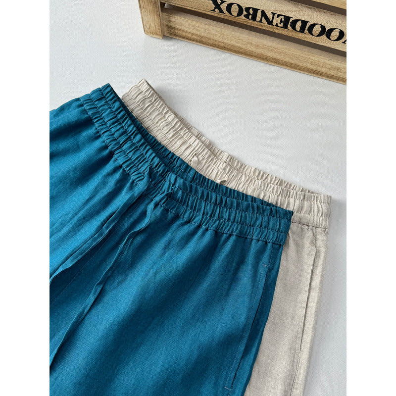 Damen lockere Leinenhose mit elastischem Bund und seitlichen Eingrifftaschen EB