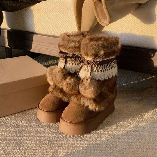 Damen Flauschige Winterboots mit dekorativem Kunstfell und praktischen Schnürdetails EB
