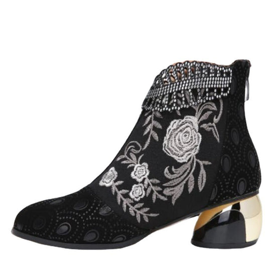 Damen nan bestickte Ankle-Boots mit Samteinsatz Perlenbesatz und skulptiertem Blockabsatz EB