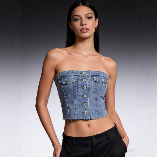 Damen Denim Bustier-Top mit Knopfdetail und Fransen EB