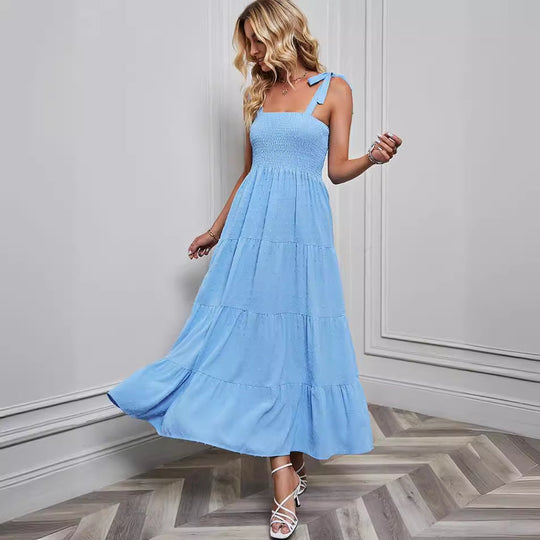 Damen Maxikleid im festlichen Boho-Stil mit schmalen Trägern und elastischem Oberteil EB