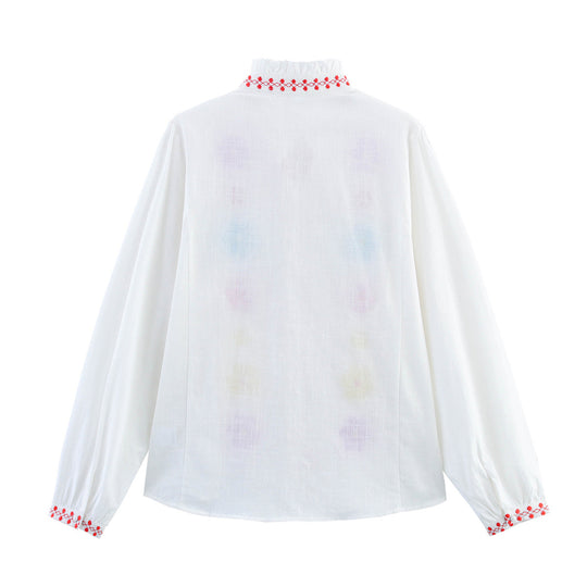Damen Bluse mit bunten Stickereien und romantischem Rüschendesign EB