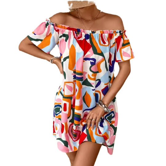 Damen Minikleid mit schulterfreiem Design und lebhaftem Farbprint EB