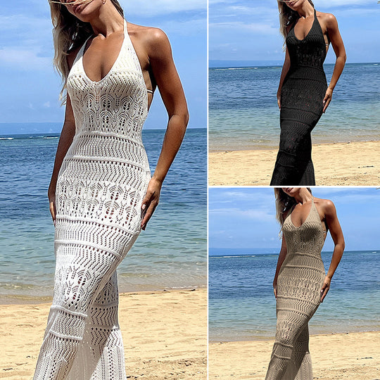 Damen Häkel-Maxikleid mit tiefem V-Ausschnitt und filigranem Design EB