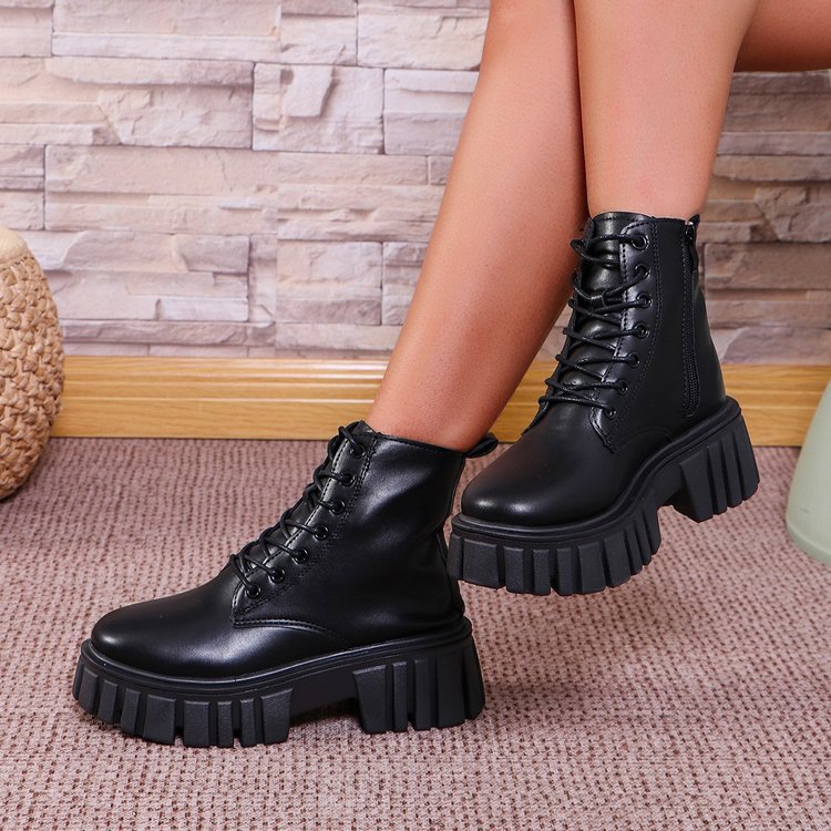 Damen robuste Chunky Stiefel mit hohem Plateausohle und schnürbarem Design EB