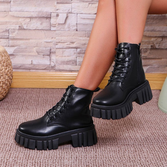 Damen robuste Chunky Stiefel mit hohem Plateausohle und schnürbarem Design EB