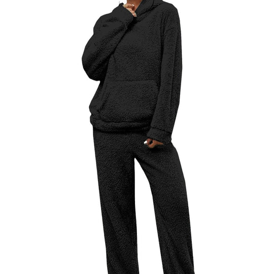 Damen nan kuscheliges Teddy-Fleece Hausanzug-Set mit Kapuze, Kängurutasche und elastischer Jogginghose EB
