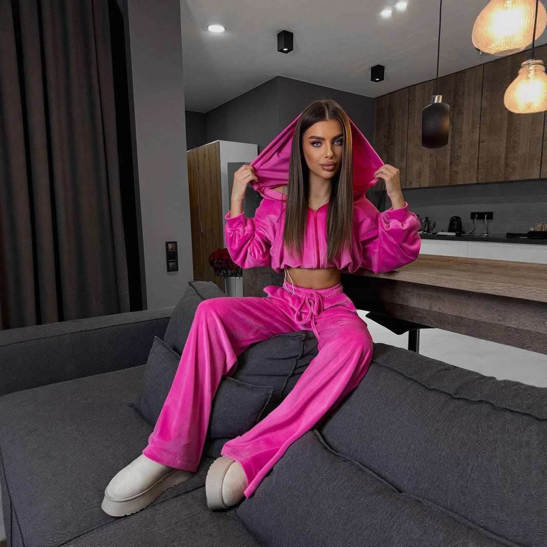 Damen luxuriöses Velours-Cropped-Hoodie und High-Waist Weite Jogginghose Set EB