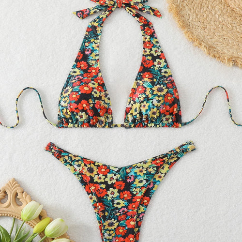 Damen Triangel-Bikini mit tiefem Ausschnitt und floralem Muster EB