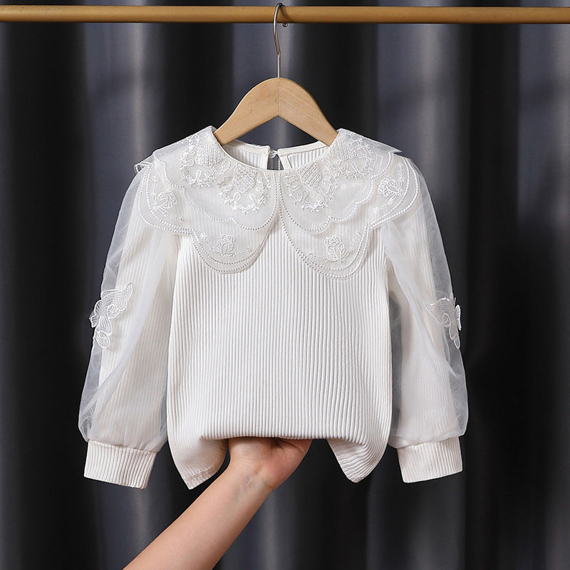 Mädchen modische Bluse mit eleganten Tüllärmeln und kunstvoller Spitzenverzierung EB