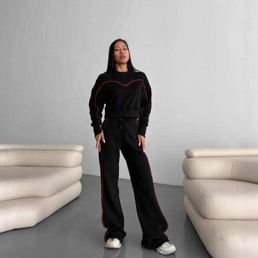 Damen kurzes Oversize-Sweatshirt mit Kordelzug-Jogginghose und Kontrastnähten EB