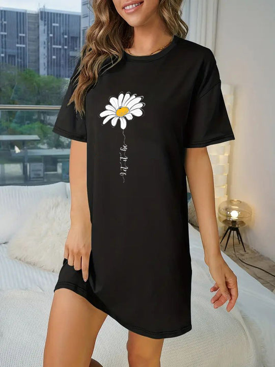 Damen T-Shirt-Kleid mit künstlerischem Blumenmotiv und figurbetontem Schnitt EB
