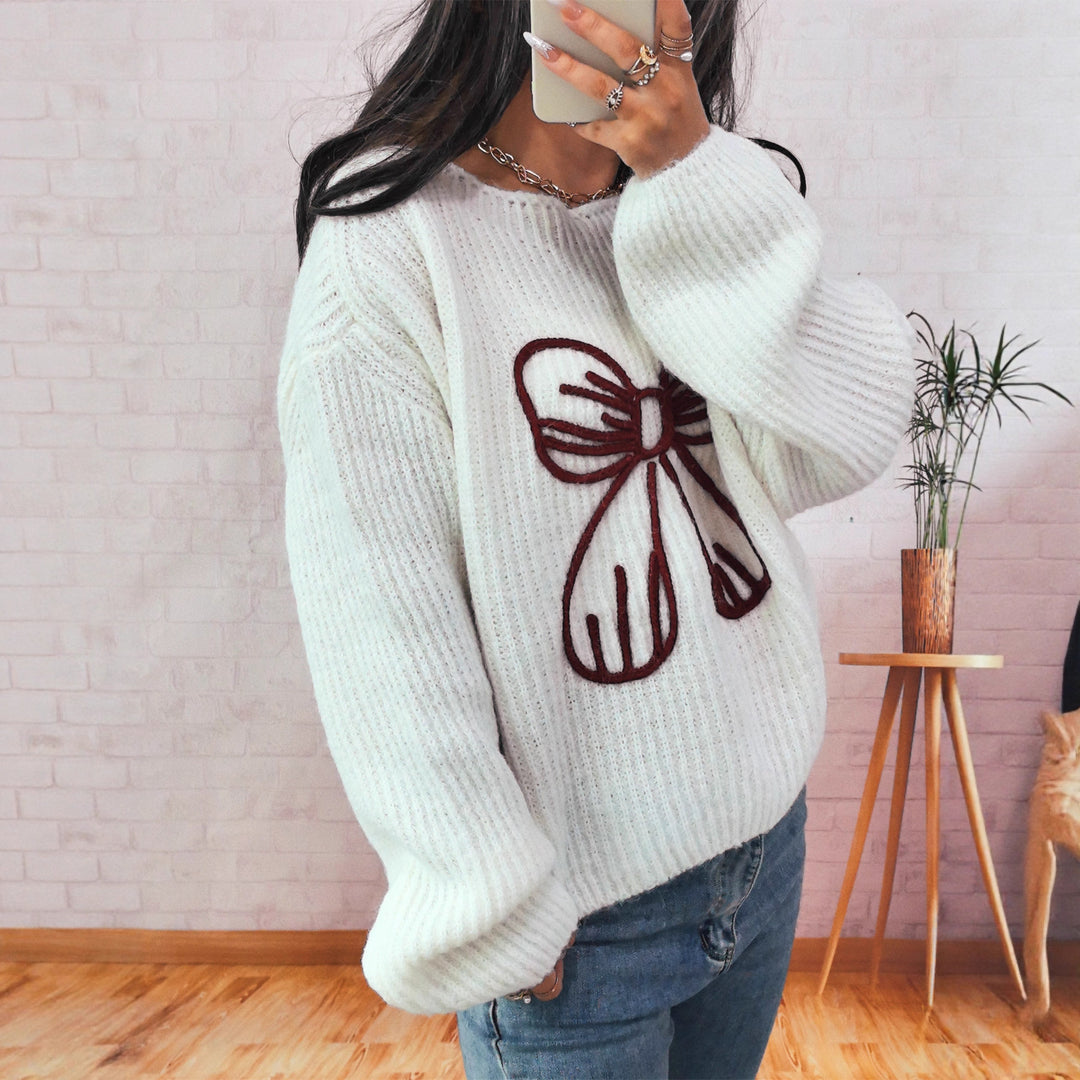 Damen Grobstrickpullover mit verspieltem Schleifenmotiv EB