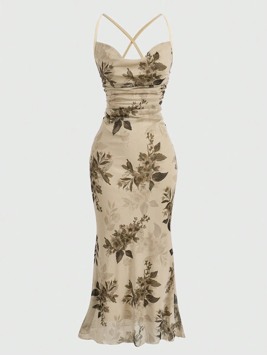 Damen körperbetontes Maxikleid mit floralem Design und Spaghettiträgern EB