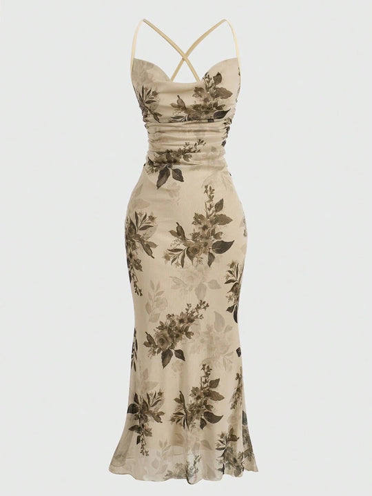 Damen körperbetontes Maxikleid mit floralem Design und Spaghettiträgern EB