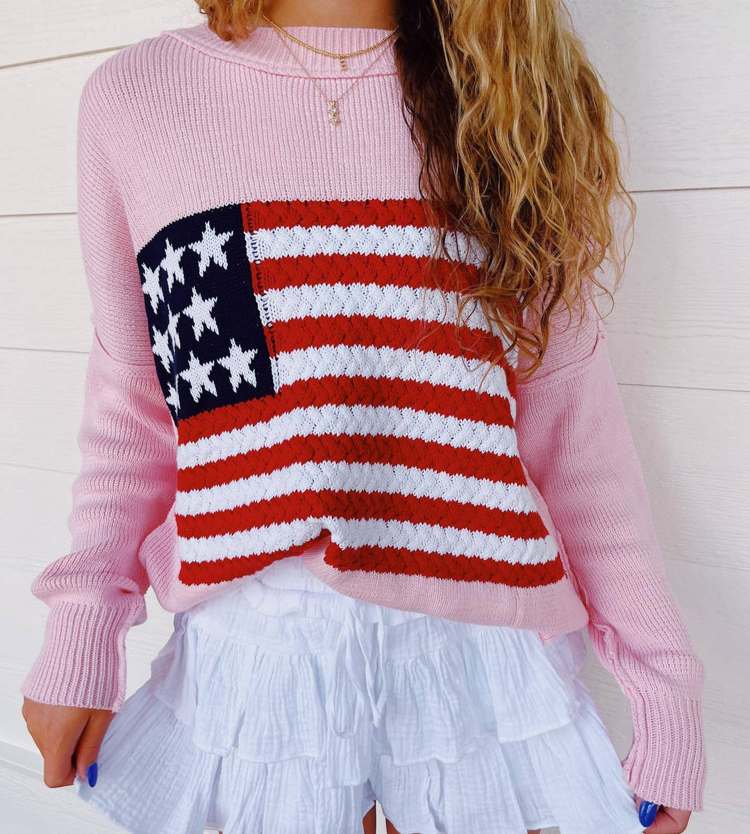Damen Strickpullover mit auffälligem Flaggenmotiv und lässigem Schnitt EB