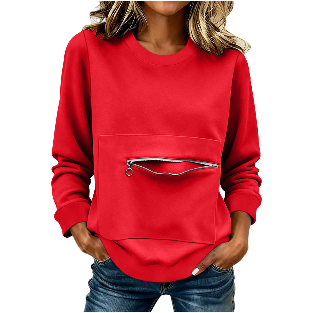Damen nan locker geschnittenes Sweatshirt mit Frontreißverschlusstasche und Rundhalsausschnitt EB