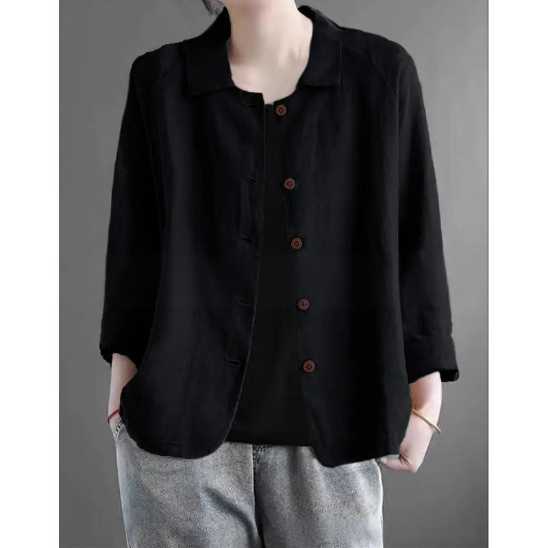 Damen Leichte Leinenoptik-Bluse mit lockerer Passform, 3/4-Ärmeln und Knopfleiste EB