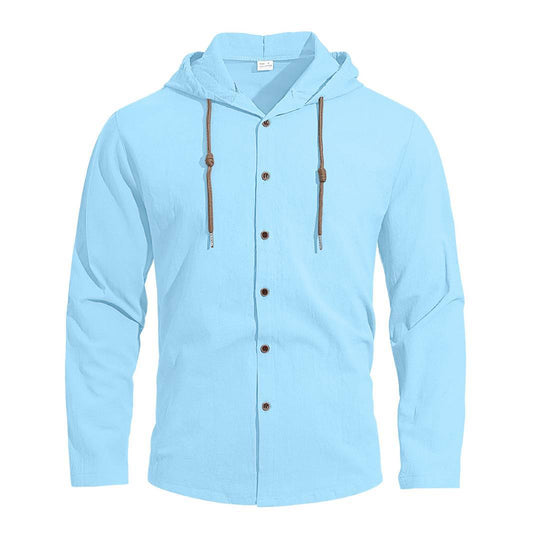 Herren nan Kapuzenhemd im Leinen-Look mit durchgehender Knopfleiste und Kordelzug EB