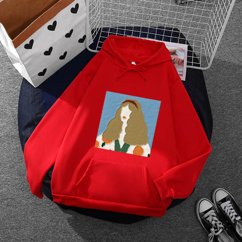 Damen nan Kapuzenpullover mit kunstvoller Chenille-Stickerei im Portraitstil und Kängurutasche EB